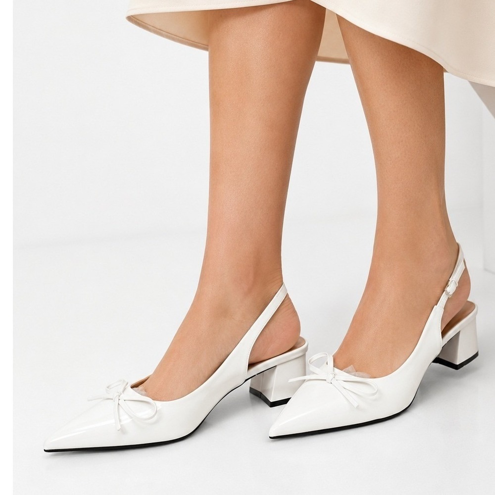 Women's White Slingback Pumps Size 37 Pointed Toe Bow Kitten Heel Bridal